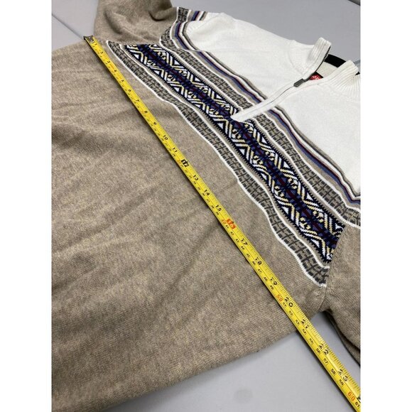 Izod Fair Isle Nordic Sweater Mens size L Quarter Zip Winter Knit White Brown - Picture 8 of 10
